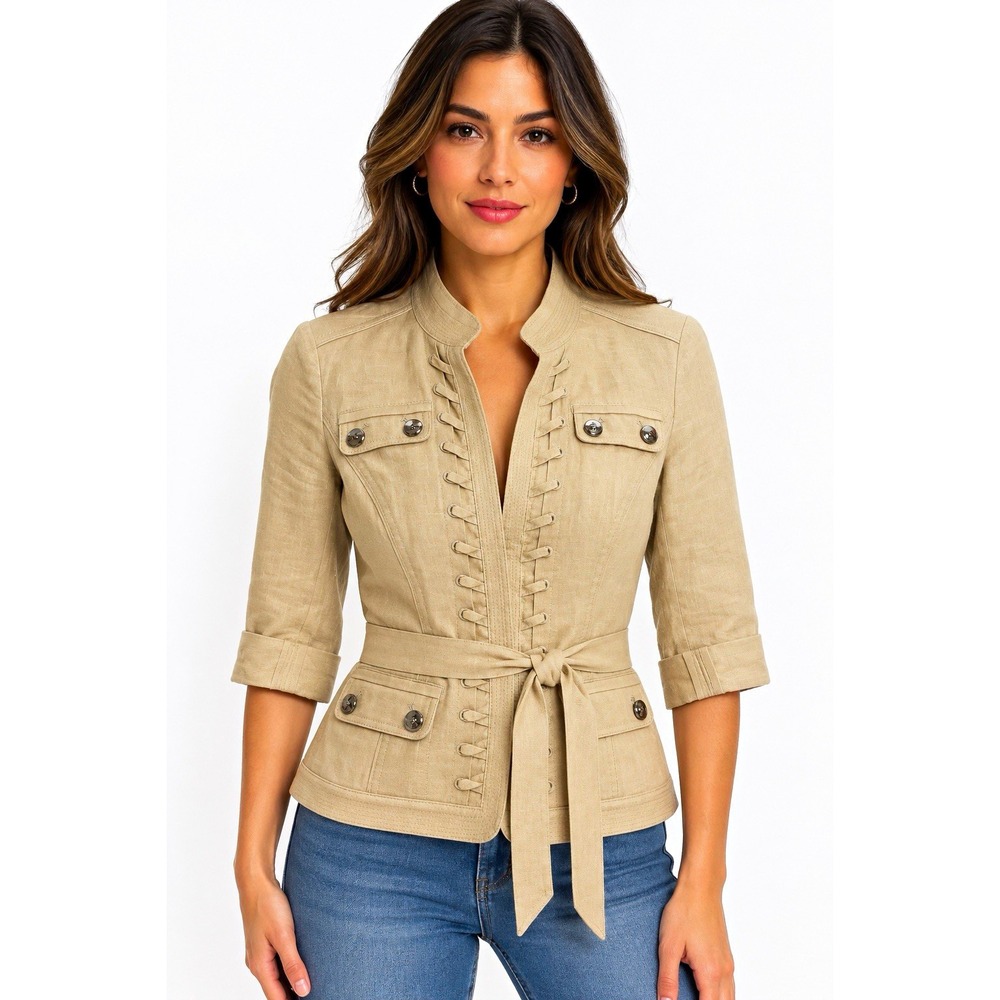 White House Black Market Women Beige Belted Linen Jacket 6 3/4 Sleeve Pockets